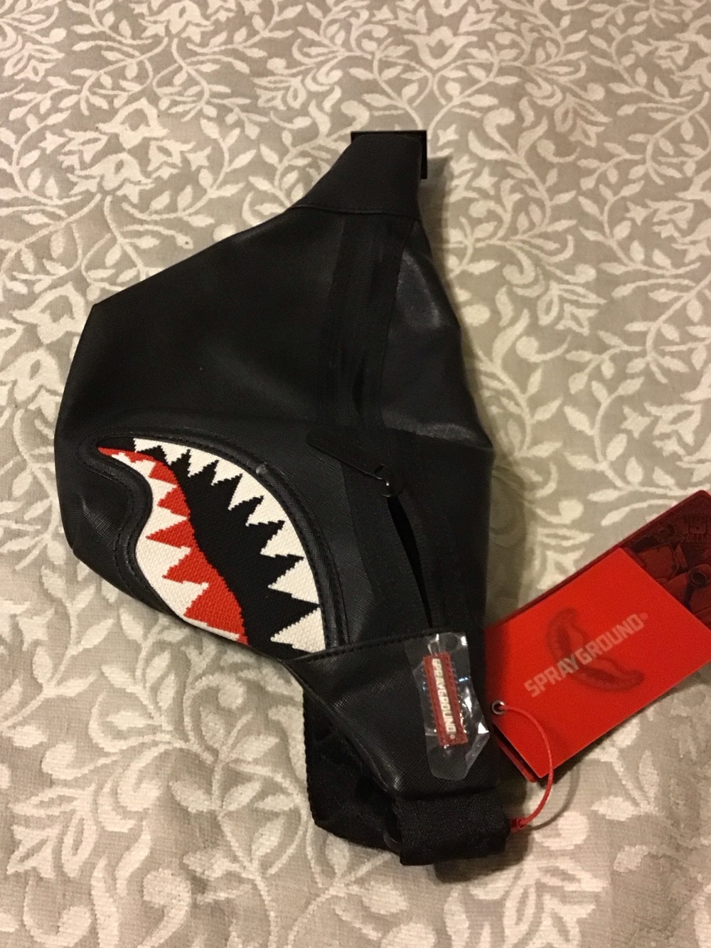 Sprayground Black Sling Bag with Red & White Shark Patch